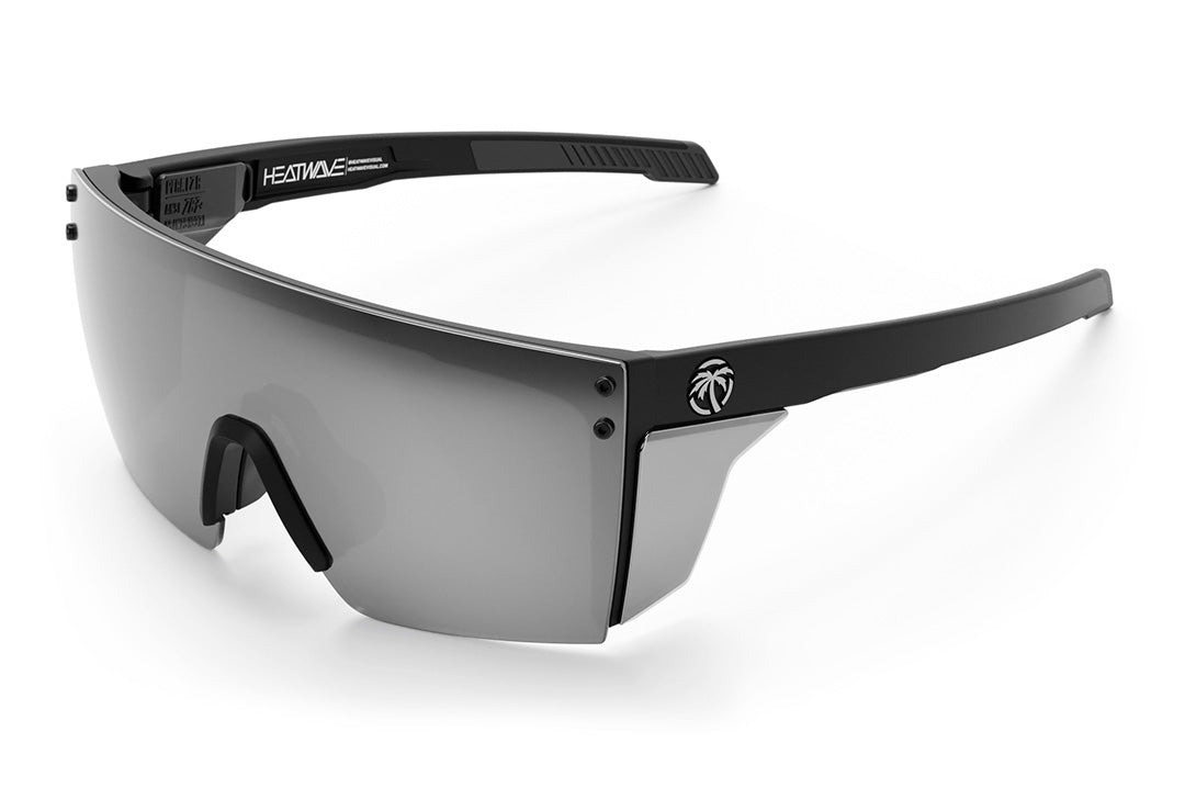 Heat Wave Visual Performance Lazer Face Sunglasses with black frame, silver lens and matching colored side shields.