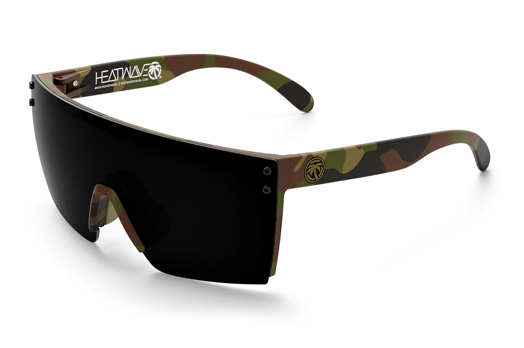 Heat Wave Visual Lazer Face Z87 Sunglasses with fleck camo frame , ultra black lenses and green emblem, 