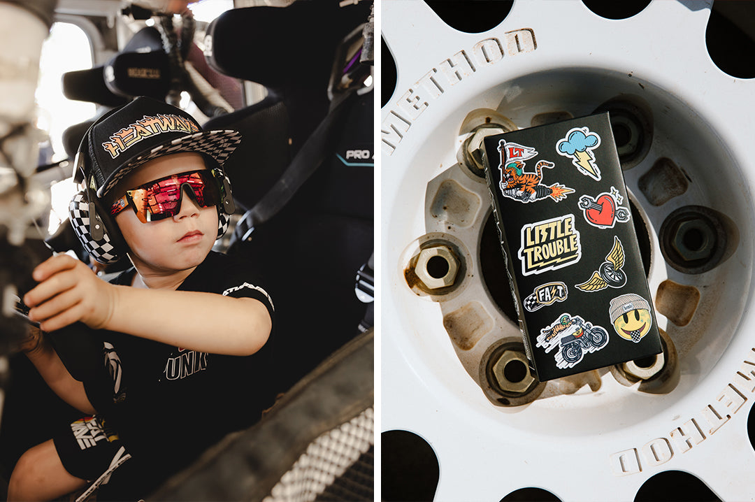 Two photo collage of young boy wearing the Kids Lazer Face Sunglasses: Little Trouble X Heat Wave Flames with red-orange gradient lens sitting in a car, and the product box on a tire wheel rim.