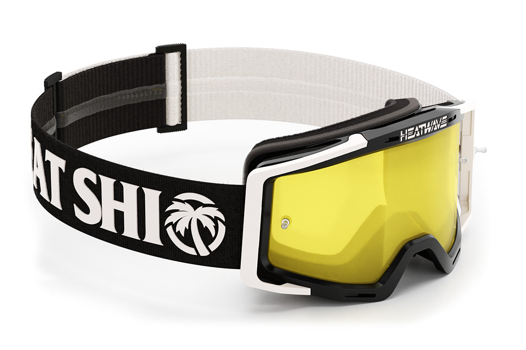 Front angle view of the Heat Wave Visual MXG 250 Motorsport Goggles in the Rusty Butcher white/black color with a hi vis yellow lens.  