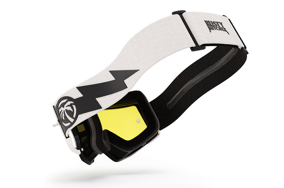 Back view of the Heat Wave Visual MXG 250 Motorsport Goggles in the Rusty Butcher white/black color with a hi vis yellow lens.  