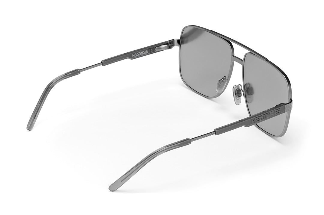 Back view of the Heat Wave Visual Nimitz Sunglasses with gun metal frame and silver lenses.