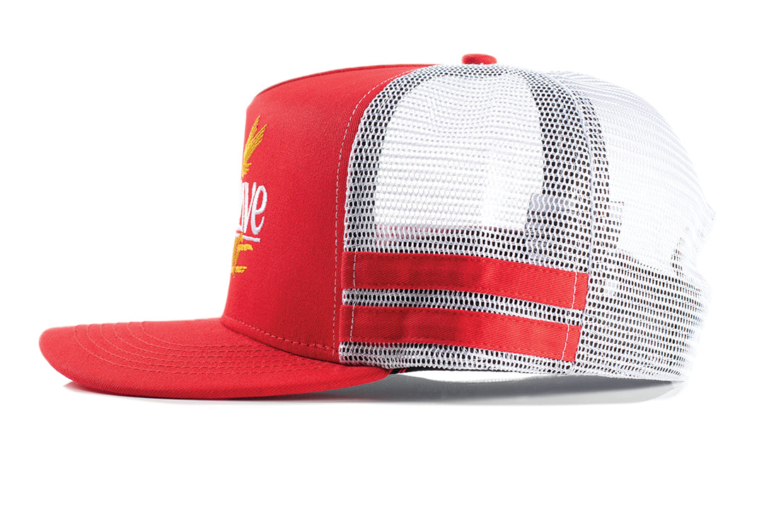 Side angle shot of the Heat Wave Offshore Hat - Red on white background