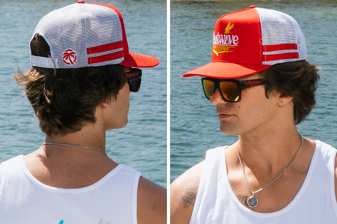 Front and backside of a man wearing the Heat Wave Offshore Hat - Red