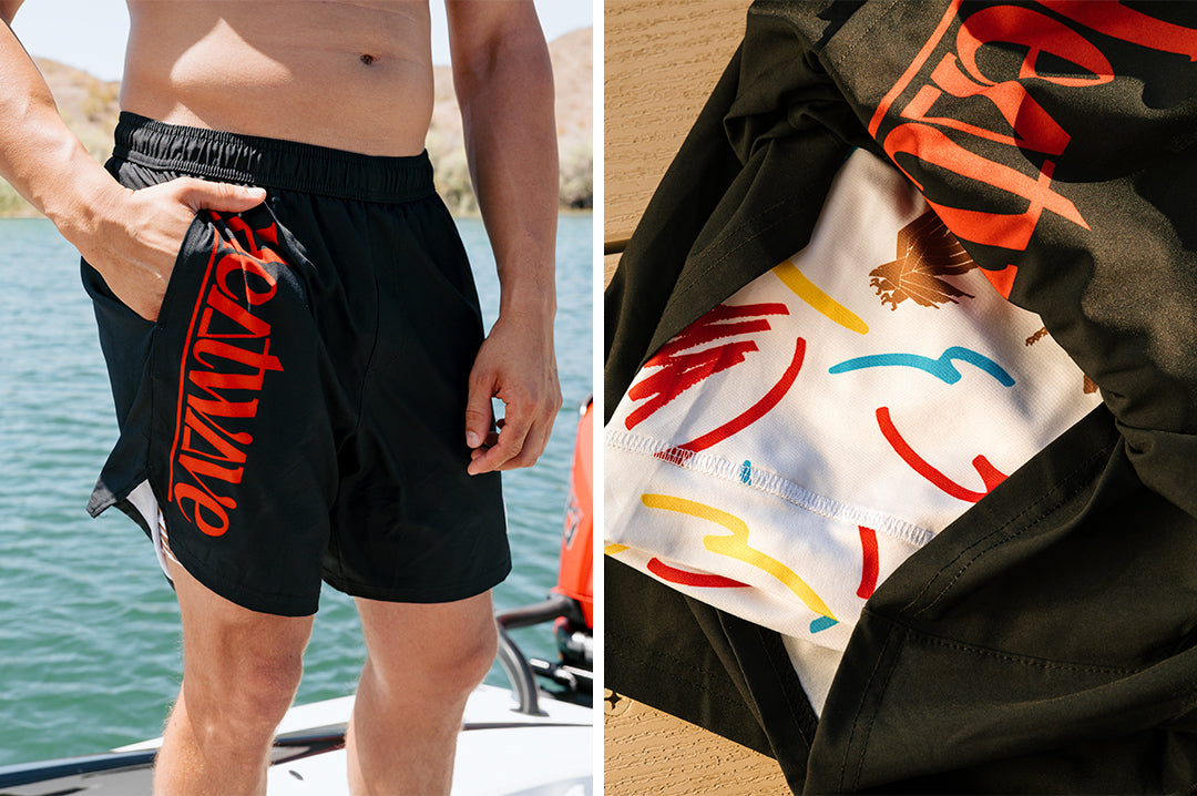Man wearing the Heat Wave Offshore Performance Shorts - Black 