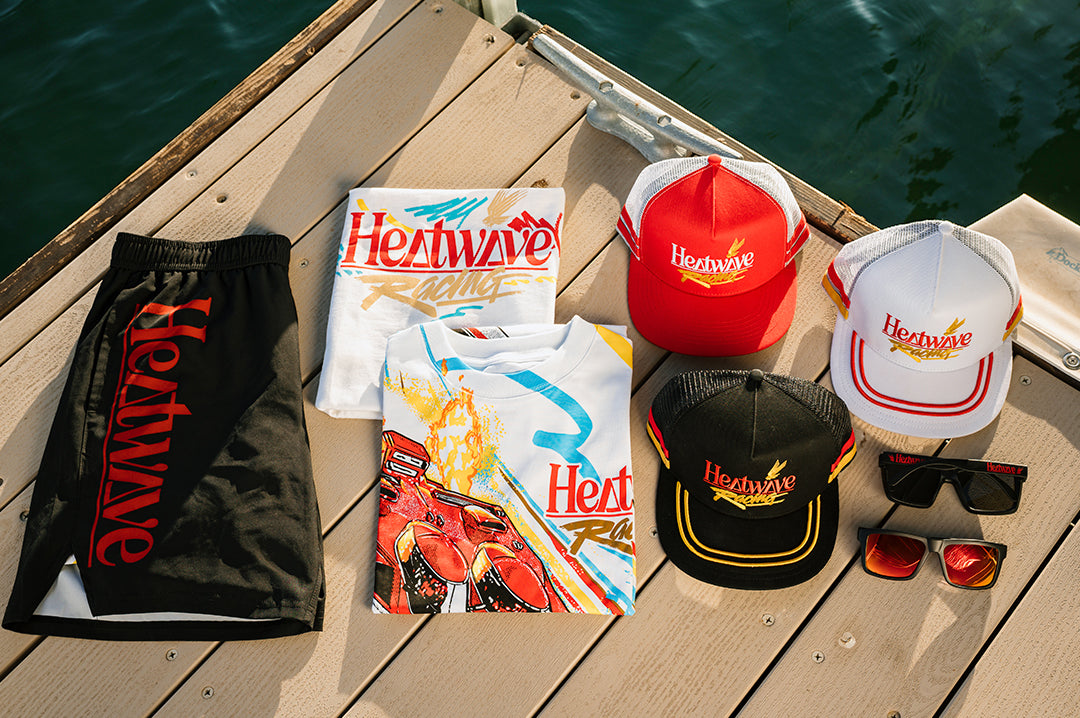 Collage of all the Offshore products on a deck by the lake