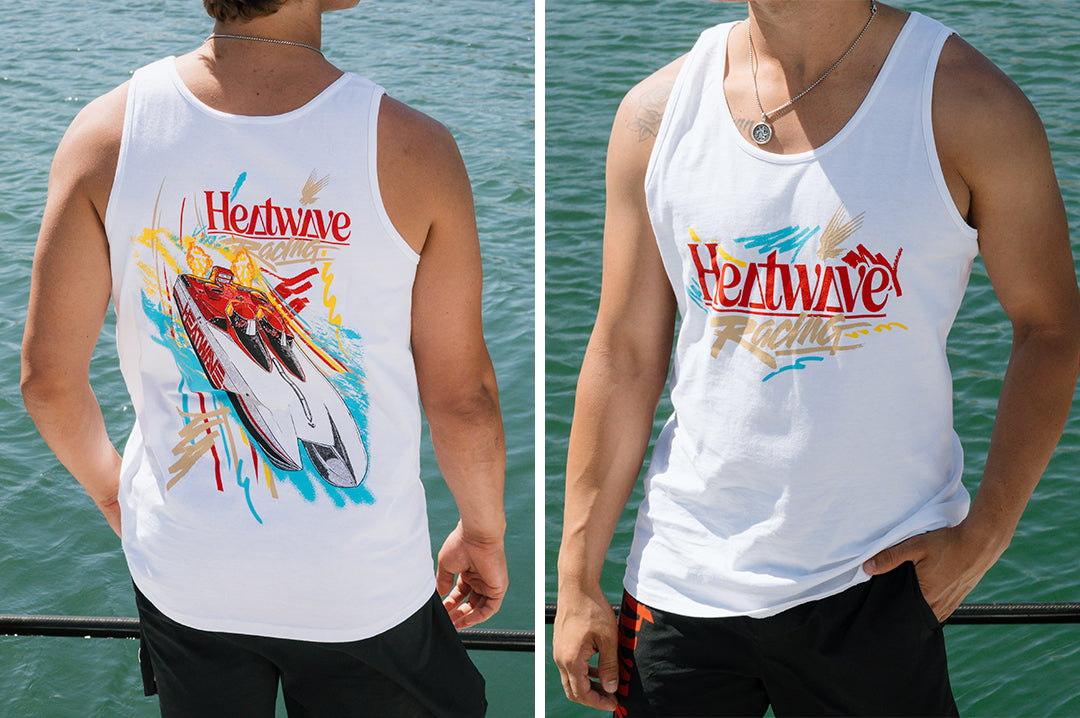 Front and backside of man wearing the Heat Wave Offshore Tank Top - White by a lake