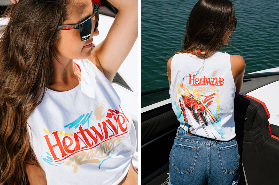 Front and backside of a woman wearing the Heat Wave Offshore Tank Top - White on a boat