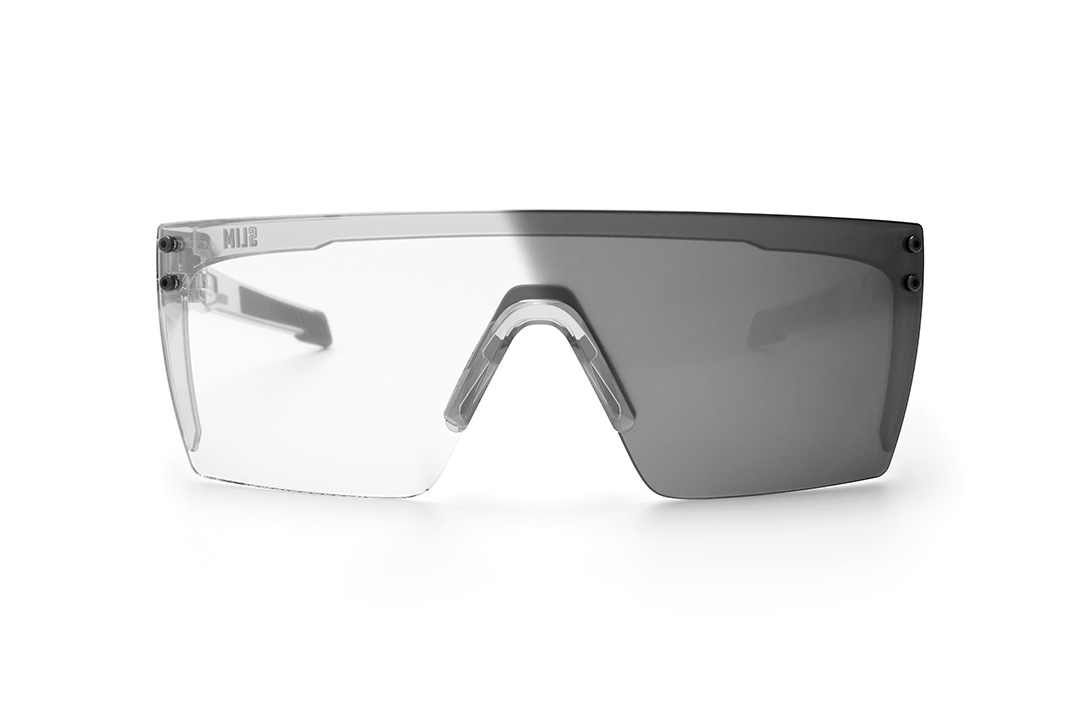 Front view of the Heat Wave Visual Performance Lazer SLIM Sunglasses with clear frame, photochromic lens and matching side shields.