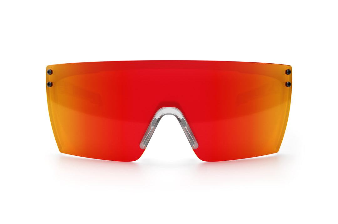 Front view of the Heat Wave Visual Performance Lazer Face Sunglasses with clear frame, sunblast red orange lens and matching side shields.