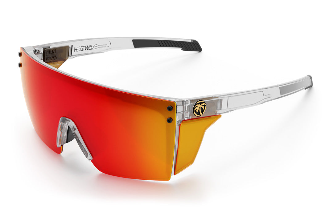 Heat Wave Visual Performance Lazer Face Sunglasses with clear frame, sunblast red orange lens and matching side shields.