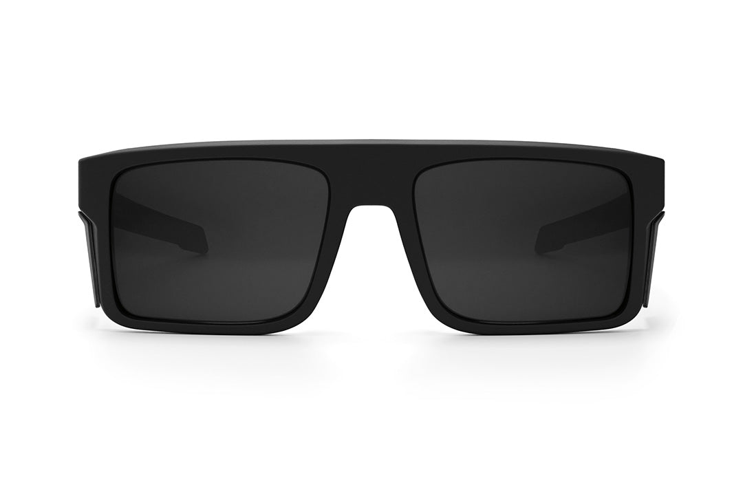 Front view of the Heat Wave Visual Performance Rayth Sunglasses with black frame, black lenses and matching side shields. 