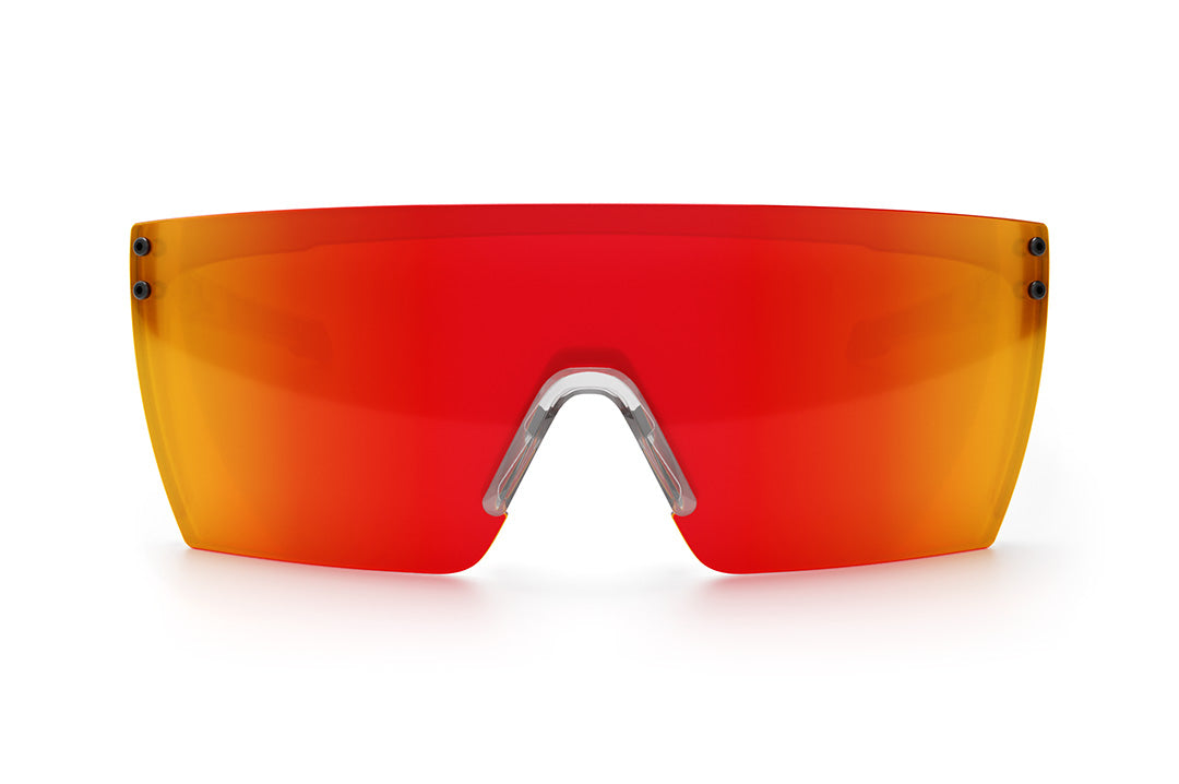 Front view of the Heat Wave Visual Performance XL Lazer Face Sunglasses with clear frame, sunblast red orange lens and matching side shields.