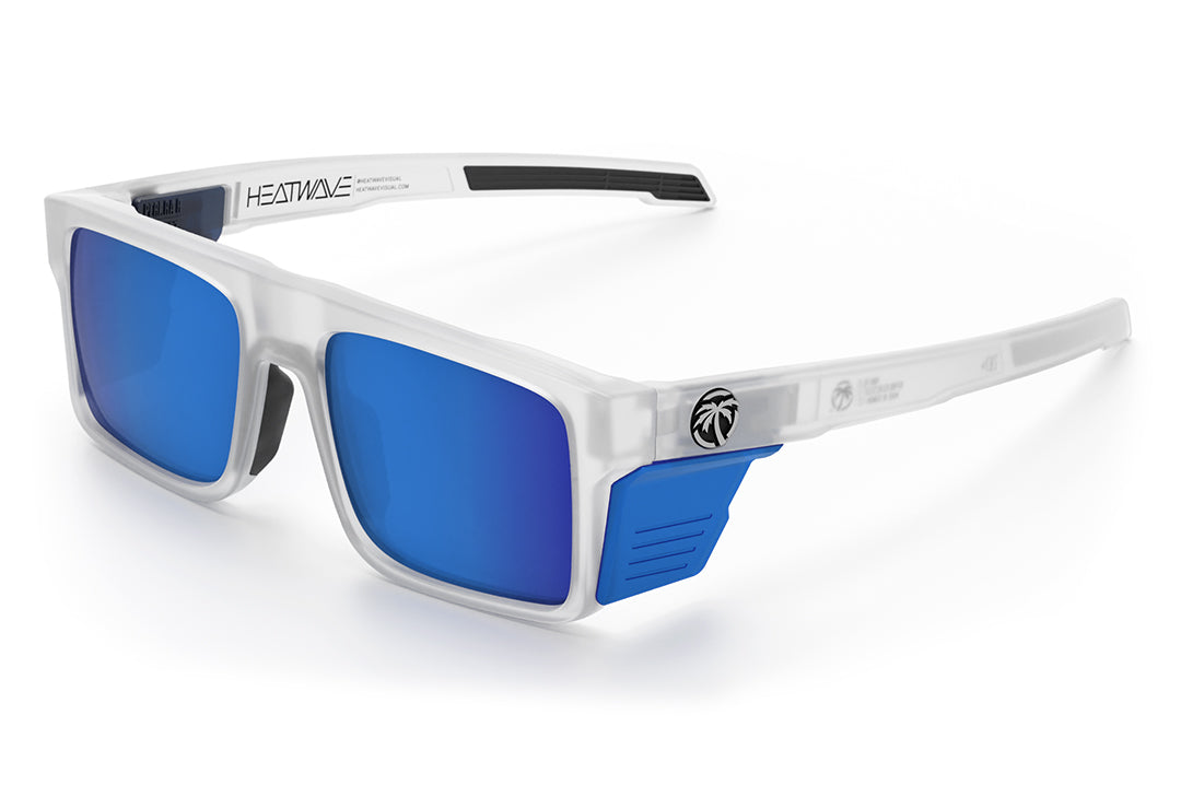 The Performance Rayth Sunglasses: Vapor Frost Frame Coastal Lens Z87+ with blue side shields on a white background. 