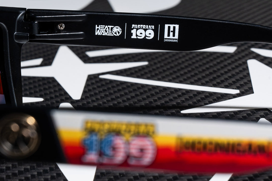 Close-up of the inner arm print of the Heat Wave Visual XL VIse Hoonigan Pastana Sunglasses.