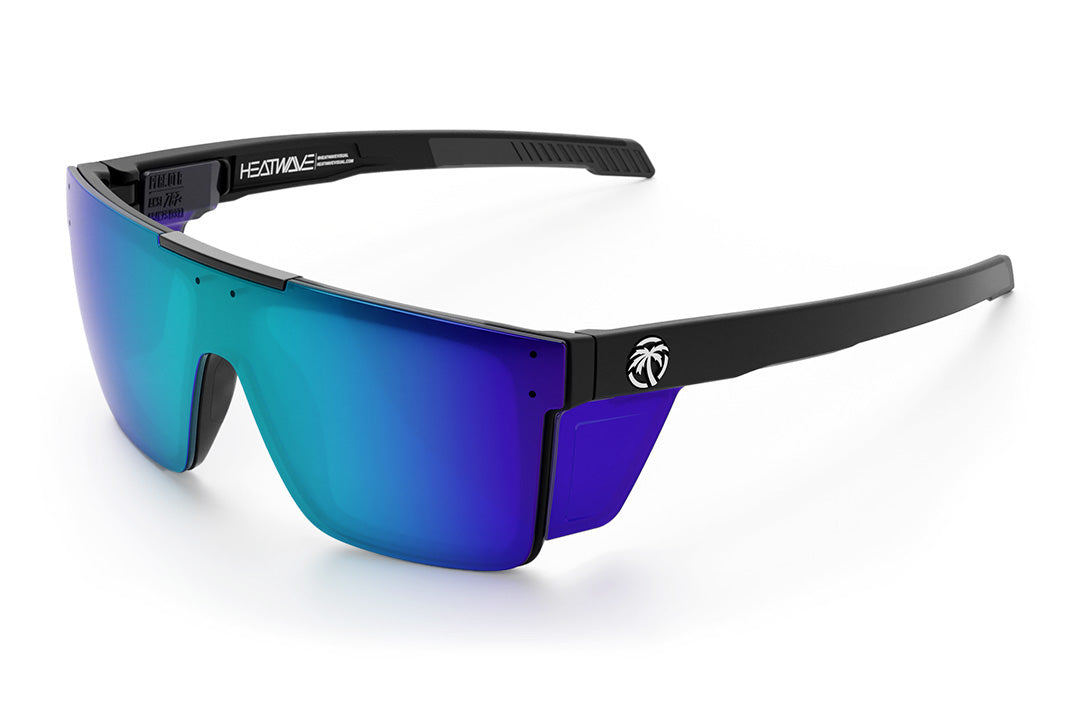 Heat Wave Visual Performance Quatro Sunglasses with black frame, galaxy blue lens and matching colored side shields. 
