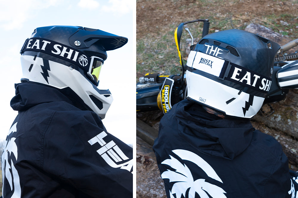 Close up of Rusty Butcher Heat Wave goggle strap that says Eat Shit