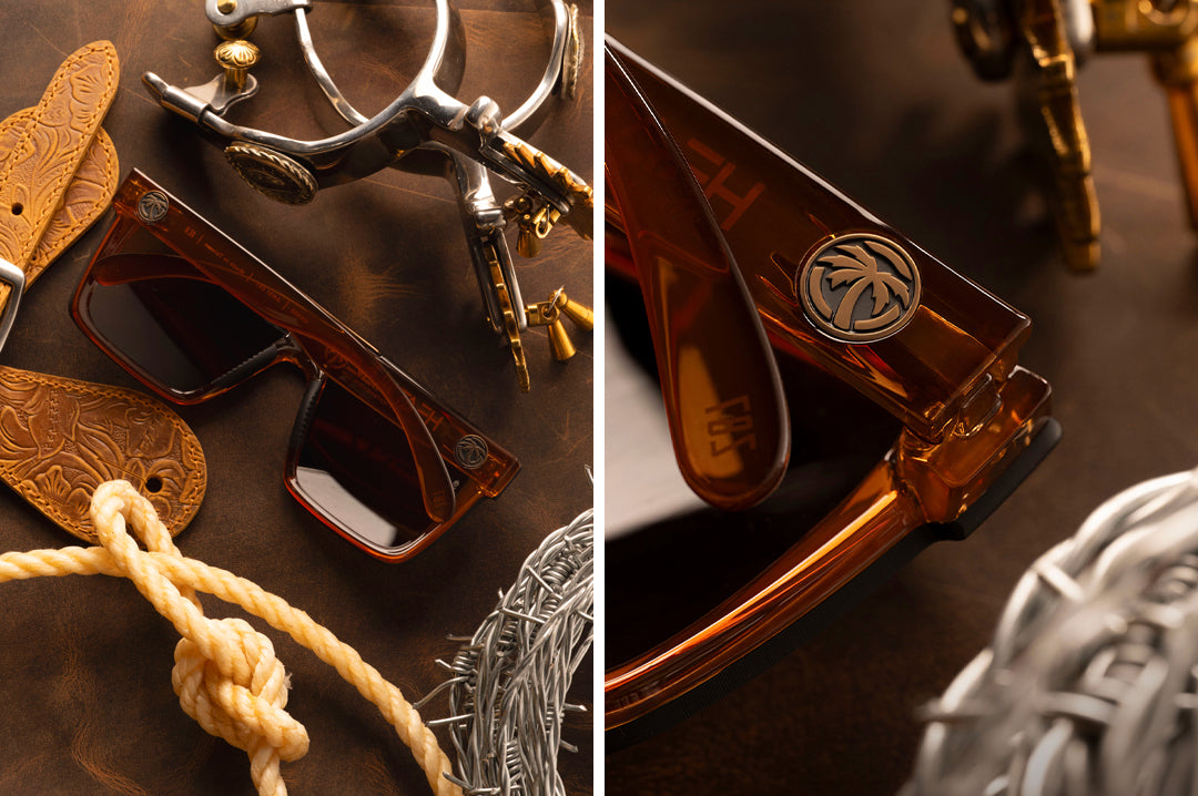 Two images of the backside of the XL VISE Sunglasses: Saddle Z87 on a wood table. 