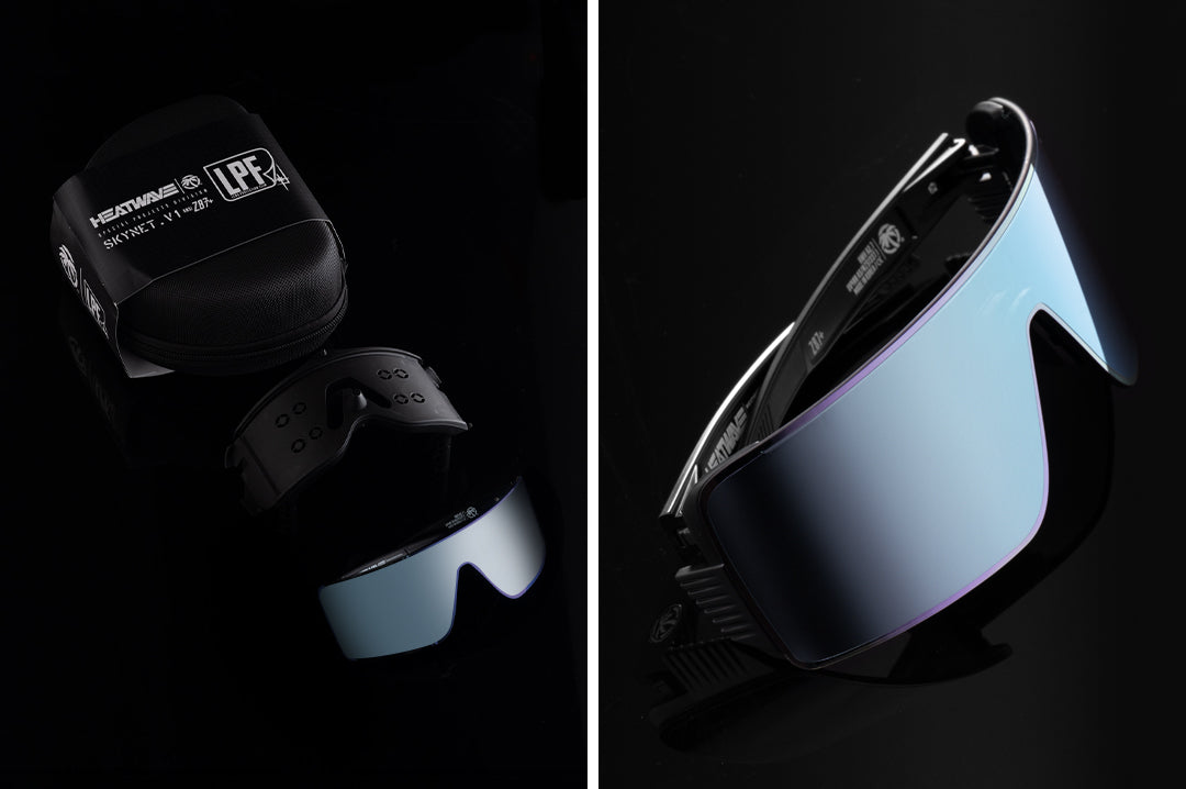 Two images of the Side profile shot of the Skynet Sunglasses: Ultra Violet Z87+ on a black background