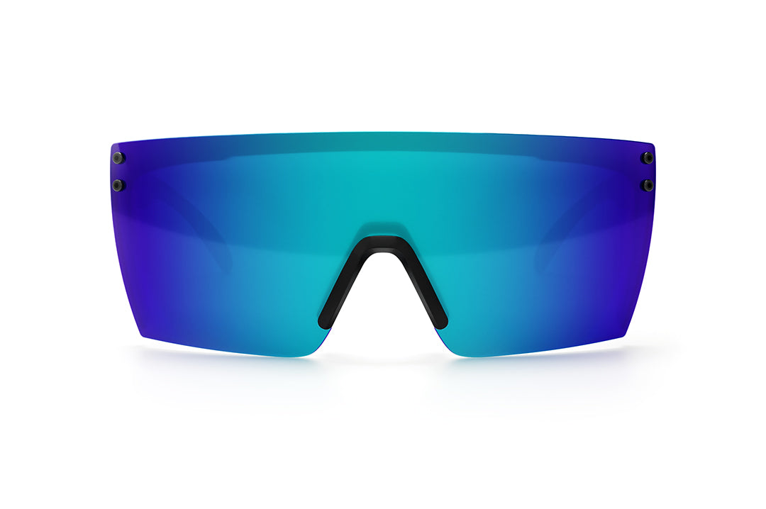 Front of the Heat Wave Visual Lazer Face Sunglasses with black frame, speed star arms and galaxy blue lens. 