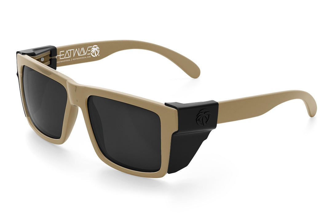 3/4 angle of the VISE Z87 Sunglasses DESERT TAN: Black Lens on a white background with black side shields