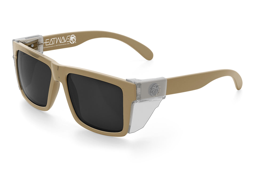 3/4 angle of the VISE Z87 Sunglasses DESERT TAN: Black Lens on a white background with clear side shields