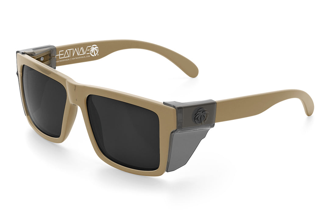 3/4 angle of the VISE Z87 Sunglasses DESERT TAN: Black Lens on a white background with smoke side shields