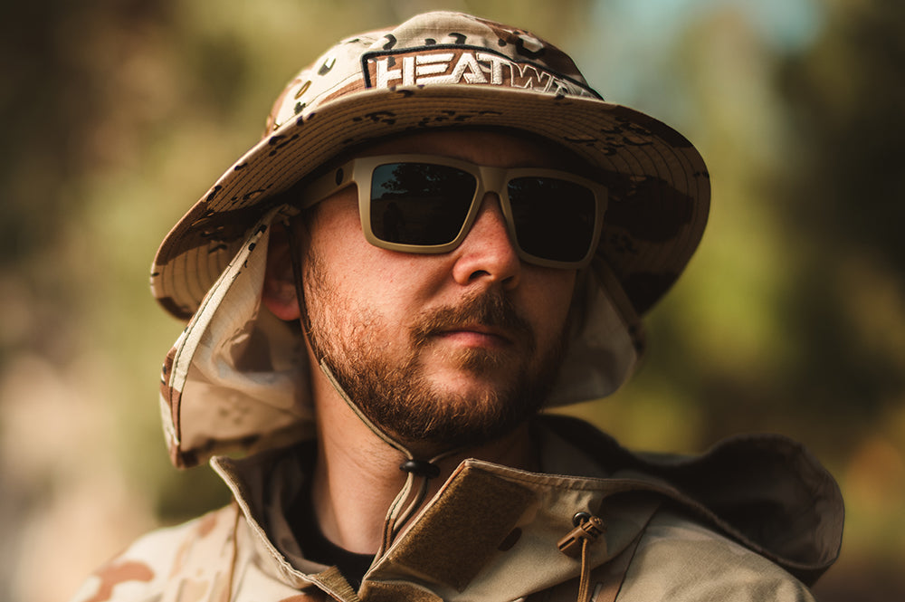 Man wearing  VISE Z87 Sunglasses DESERT TAN: Black Lens 