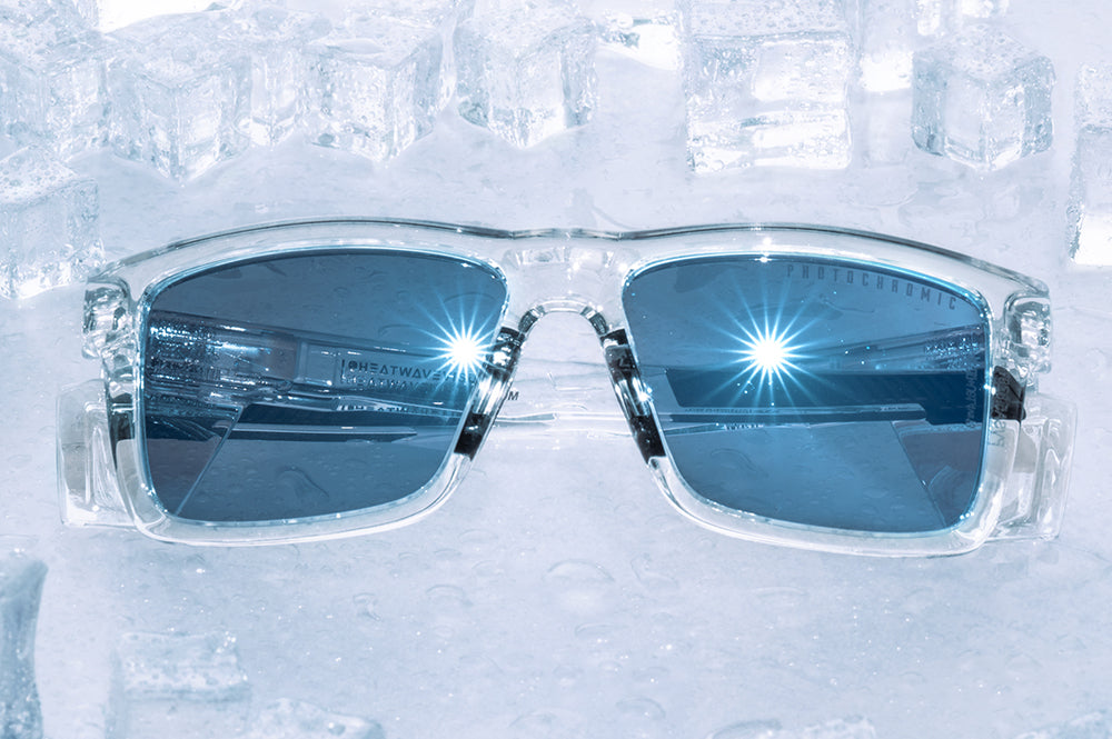 Surround by ice cube is the Heat Wave Visual Arctic Photochromic Performance XL Vise sunglasses.