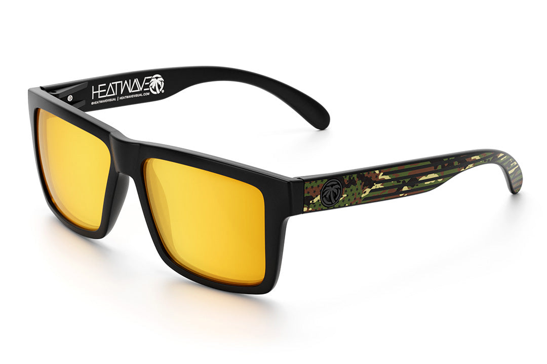 Heat Wave Visual Vise Sunglasses with black frame, camocom arms and gold lenses.