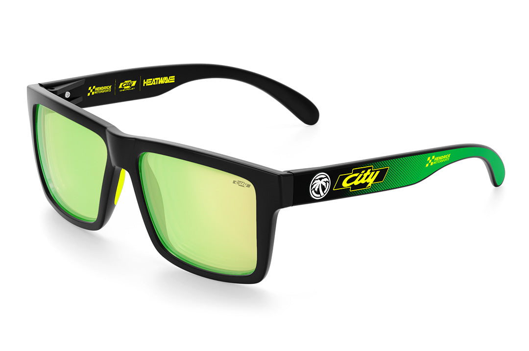 City of Chevrolet X HWV Z87 Vise Sunglasses with gloss black frame, City of Chevrolet arms and radium green lenses.