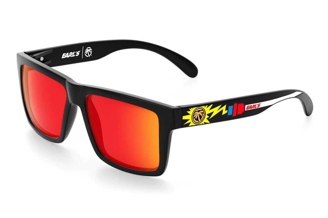 Heat Wave Visual Vise Sunglasses with black frame, Earl's x HWV collab and sunblast orange yellow lenses.