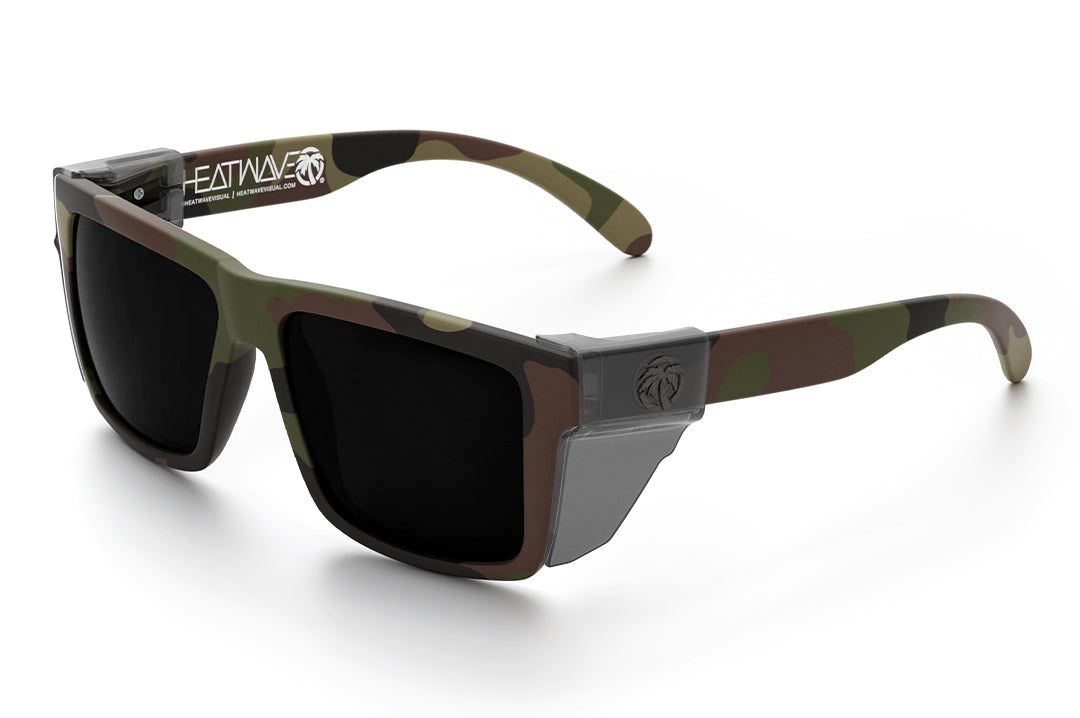 Heat Wave Visual Vise Z87 Sunglasses with fleck camo frame , ultra black lenses and green emblem, smoked side shield