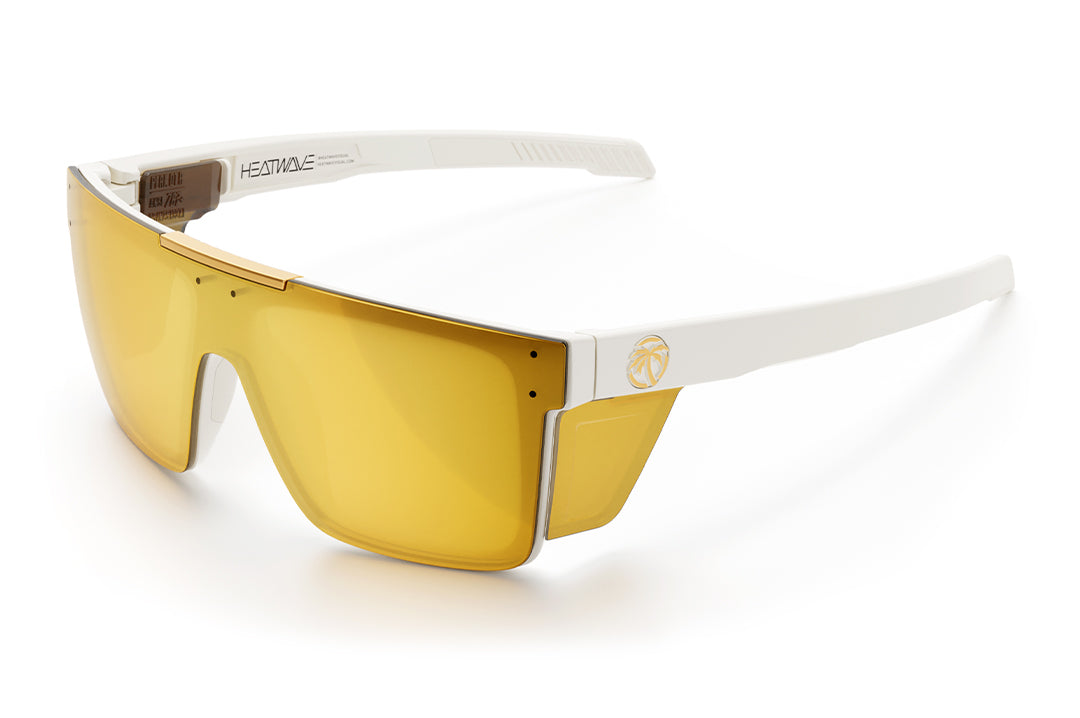 3/4th angle shot of the Performance Quatro Sunglasses: White Frame Gold Lens Z87+ with side shields on a white background.