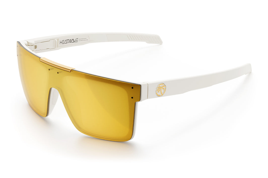 3/4th angle shot of the Performance Quatro Sunglasses: White Frame Gold Lens Z87+ on a white background.