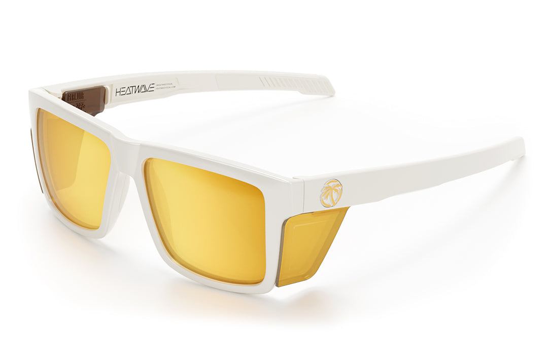 3/4th angle shot of the Performance Vise Sunglasses: White Frame Gold Lens Z87+ with side shields on a white background.