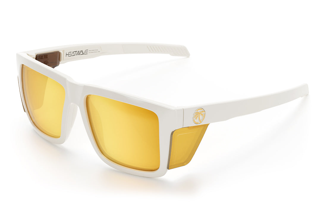 3/4th angle shot of the Performance XL VISE Sunglasses Frame: White Frame Gold Lens Z87+ with side shields on a white background.