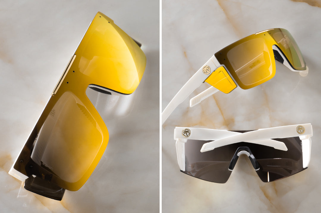 Two images of the Performance Quatro Sunglasses: GLOSS WHITE Gold Lens Z87+ on a counter