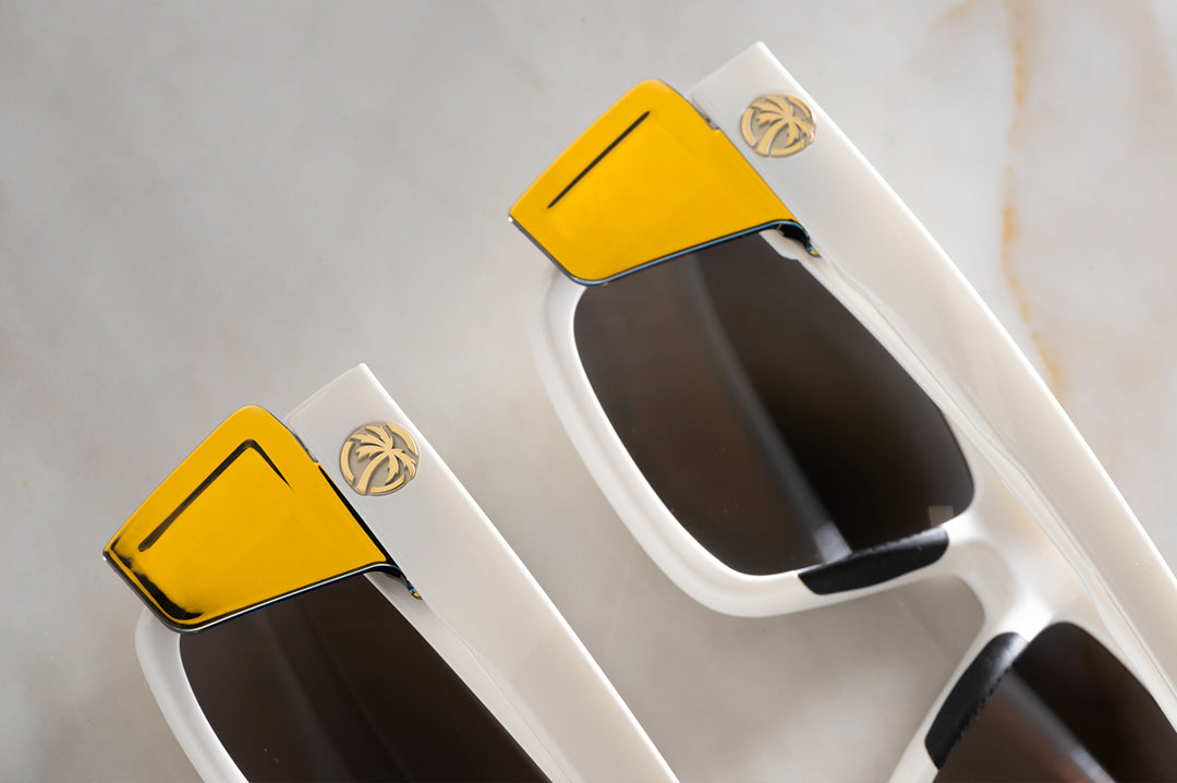 Close up shot of the backside of the Performance Vise Sunglasses: GLOSS WHITE Gold Lens Z87+
