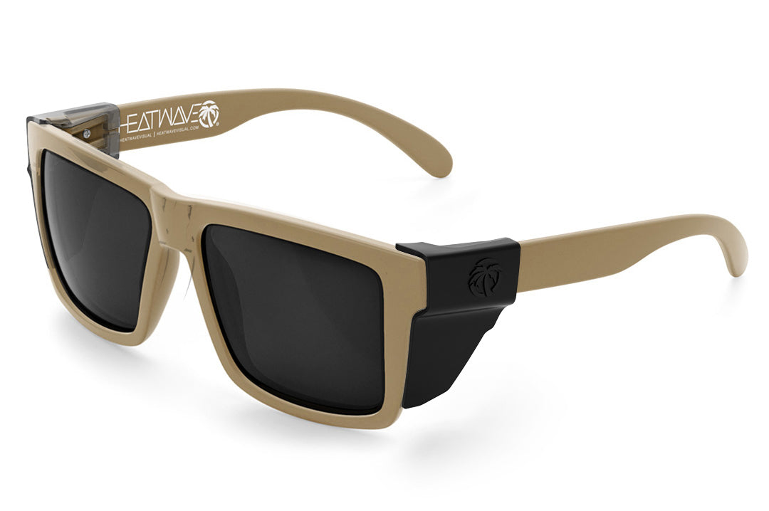 3/4 angle of the XL VISE Z87 Sunglasses DESERT TAN: Black on a white background with black side shields