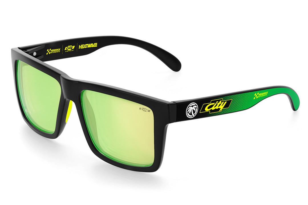City of Chevrolet x HWV XL Vise Sunglasses with black frame, City of Chevrolet arms and radium green lenses.