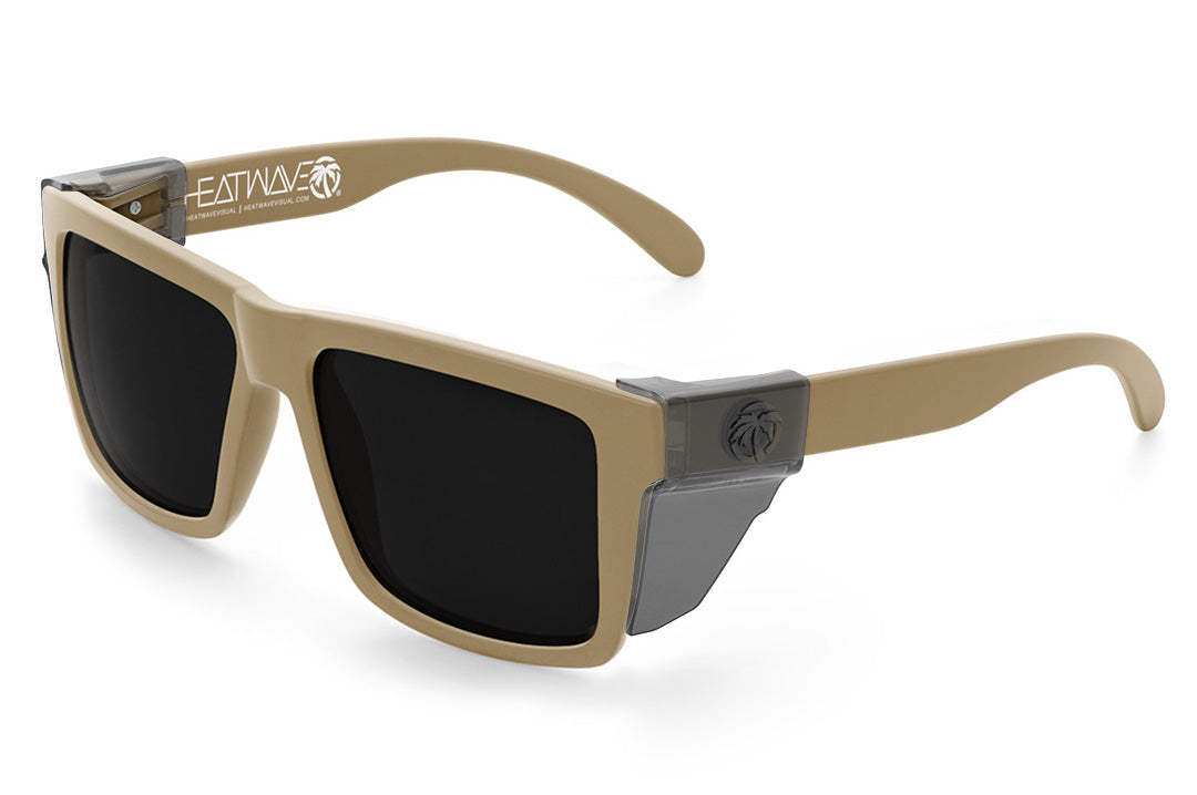 Heat Wave Visual XL Vise Sunglasses with desert tan frame, ultra black lenses and smoke side shields.