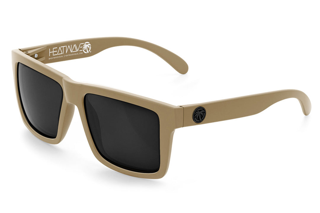 3/4 angle of the XL VISE Z87 Sunglasses DESERT TAN: Black on a white background