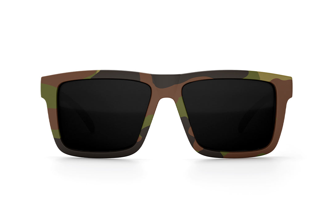 Heat Wave Visual XL Vise Z87 Sunglasses with fleck camo frame , ultra black lenses and green emblem, 