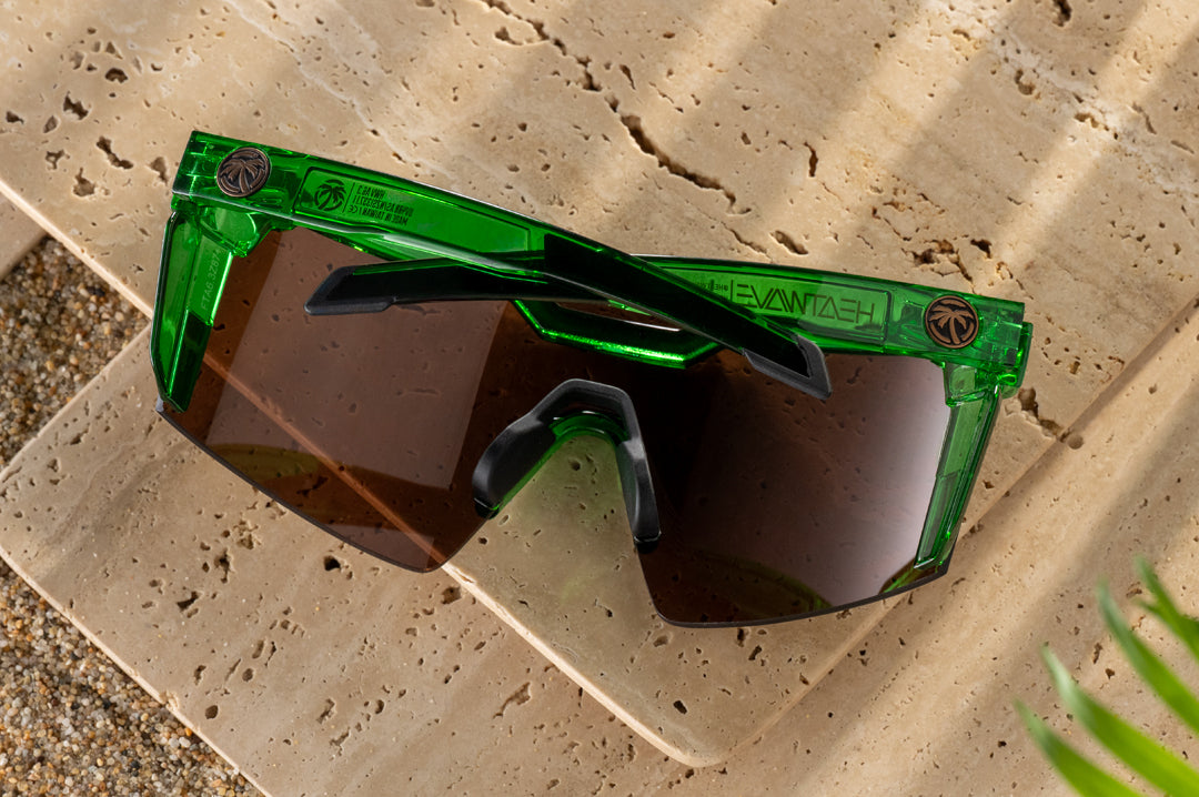 Backside of the Future Tech Sunglasses: Cycad Green Z87+ on concrete