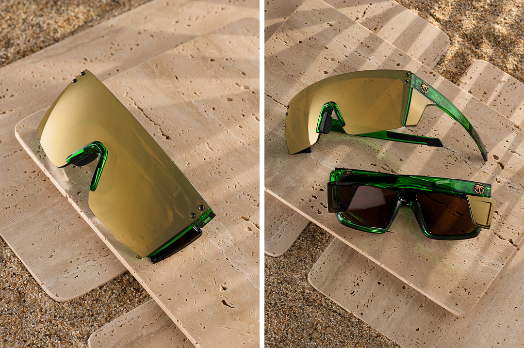 Two images of the Performance Lazer Face Sunglasses: Cycad Green Z87+ on concrete