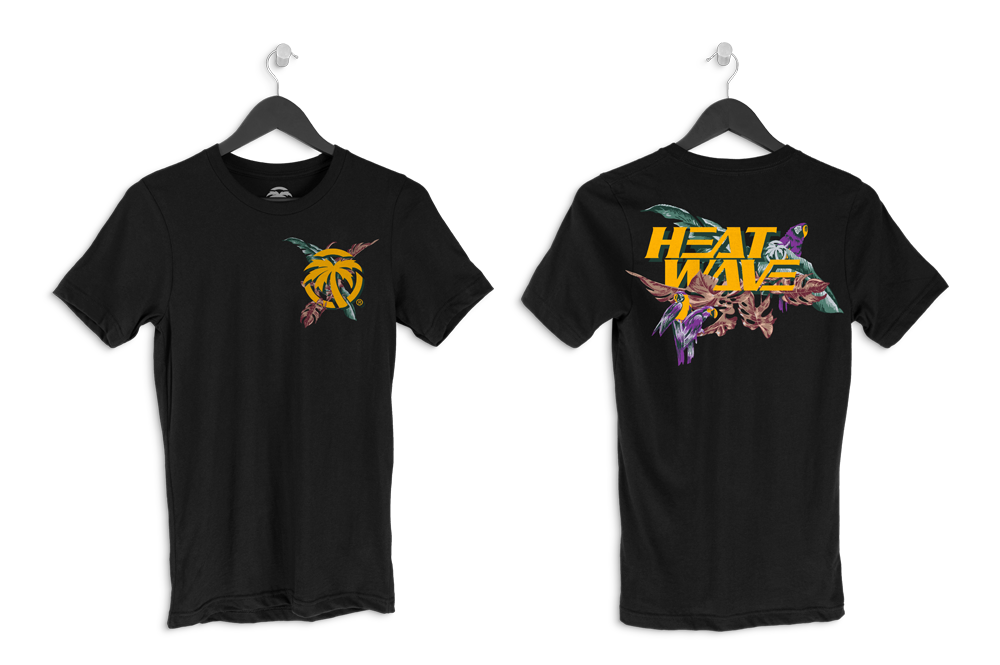 Front and backside of the Heat Wave Magnum T-Shirt - Black on a white background