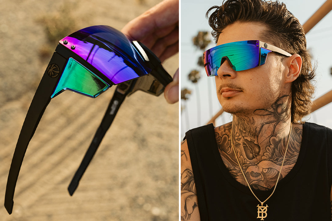 Young dude wearing the  Heat Wave Visual Performance Lazer Face Sunglasses with black frame, piff green blue lens and matching colored side shields.