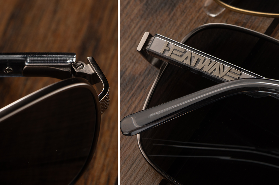 Close up on the Heat Wave Visual Nimitz Sunglasses metal hinge. 
