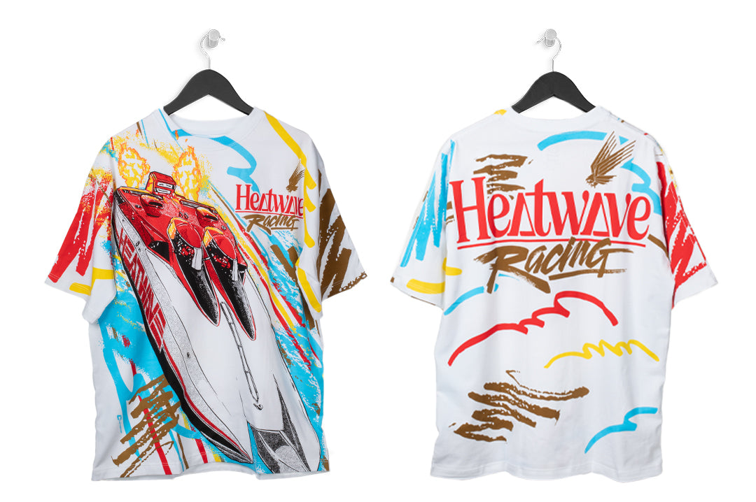 Front and backside of the Heat Wave Offshore T-Shirt - White on a white background